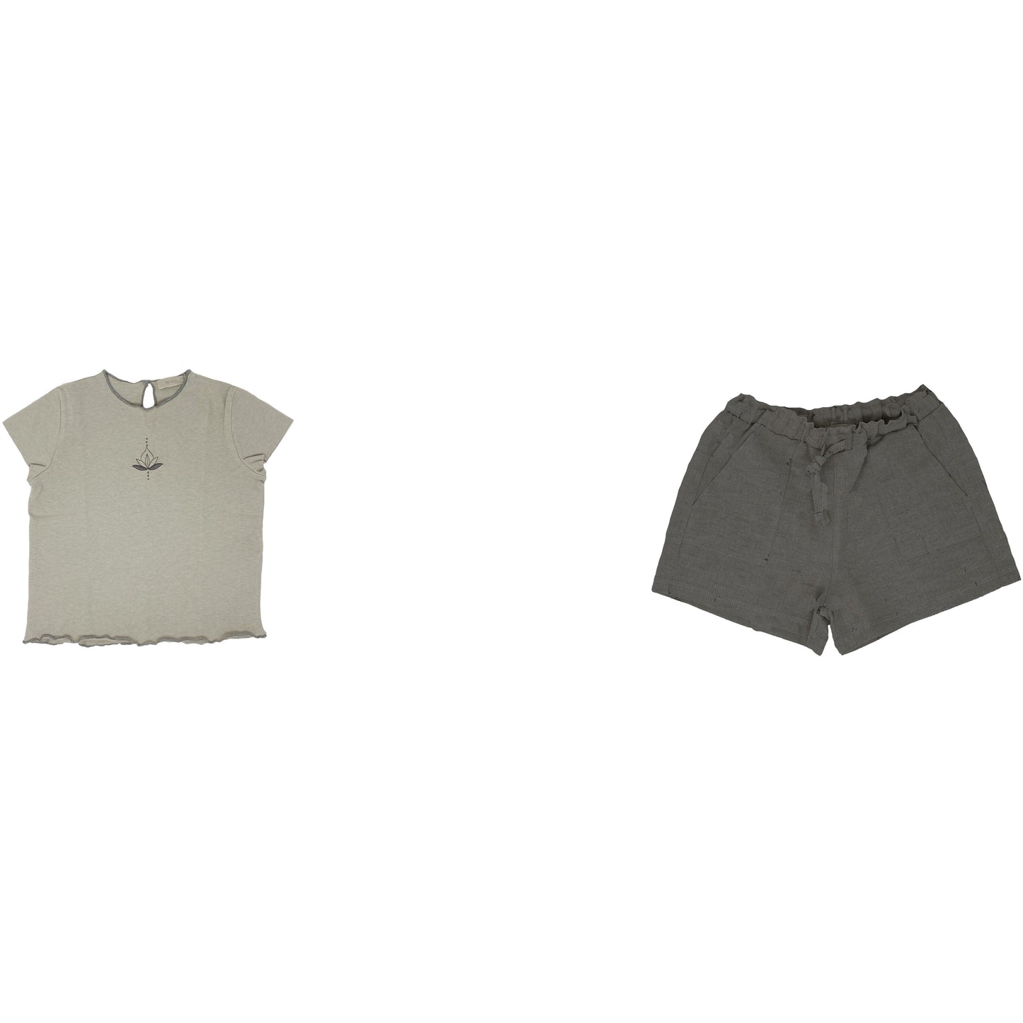 Girls Short Set Grey Linen Shirt and Tee w/Lotus