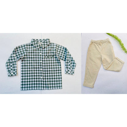 Creme Cord Trouser & Green Check Shirt