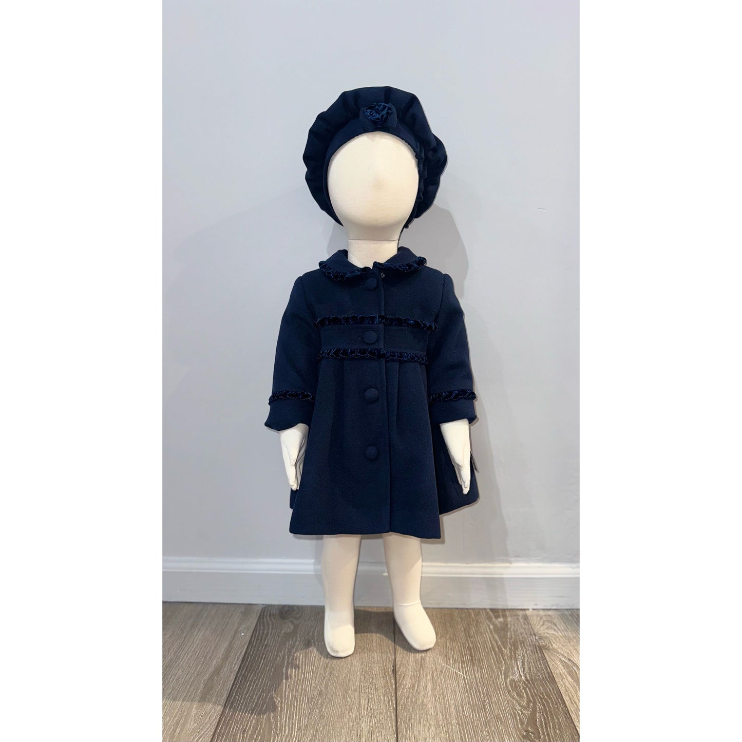 Navy Ruffle Coat With Matching Beret Hat