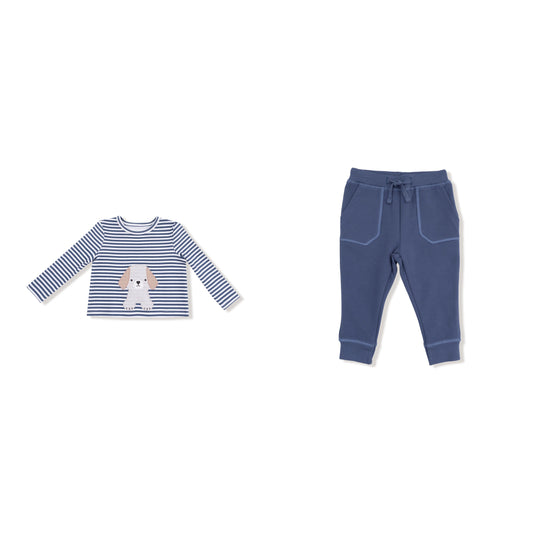 Stripes -Organic Cotton  L/S Shirt with Dog Applique and Jogger