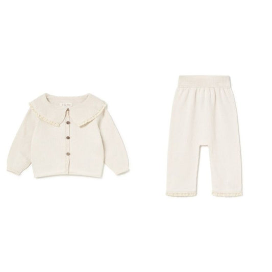 Cream Knitted Collared Cardigan and Pant