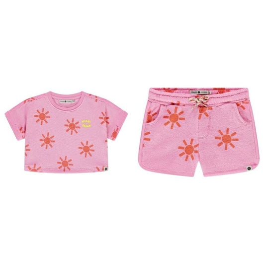 GIRLS TERRY SHORT SET PINK W/ORANGE SUNS