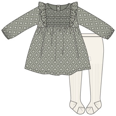 2PC SET: DRESS WOVEN + TIGHTS KNIT-GREEN DK.