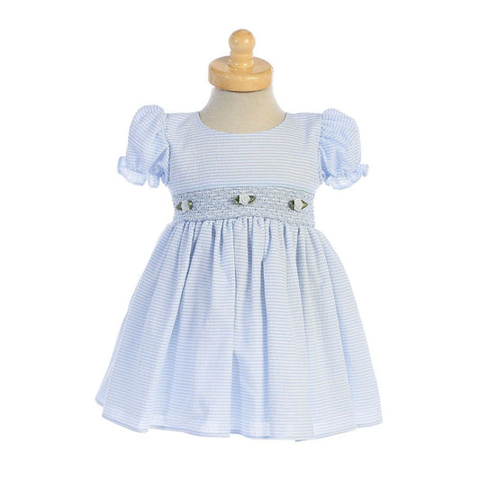 Light Blue Cotton Seersucker Dress w/ Smocked Waist