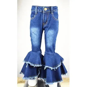 Double Ruffle Bell Bottom Jeans-Med Denim