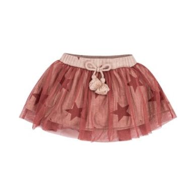 TULLE AND ALL OVER PRINTED KNIT FABRIC SKIRT