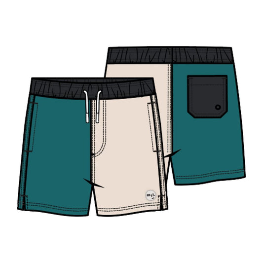 SWIM TRUNK WOVEN TEAL AND TAN