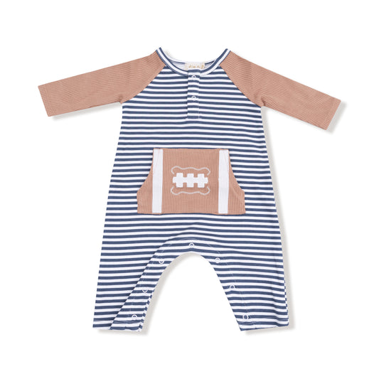 Stripes w/ Football - Organic Cotton Jersey - L/S Raglan Henley Romper