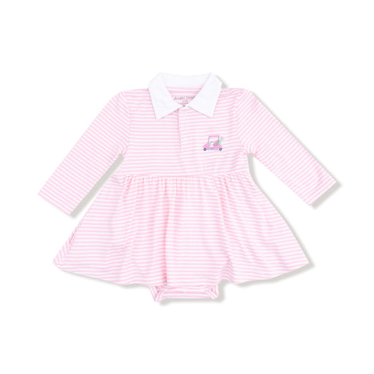 Baby Golf Carts - Pink - L/S Polo Bodysuit Dress w/ Golf Cart Embroidery