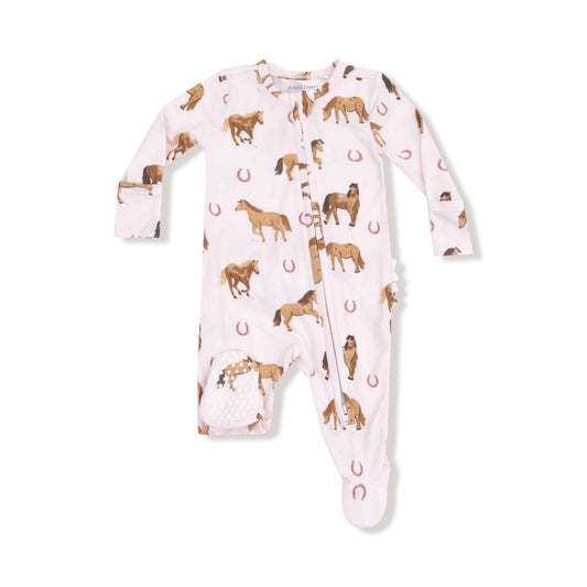 Horses - Pink  - 2 Way Zipper Ruffle Back Footie