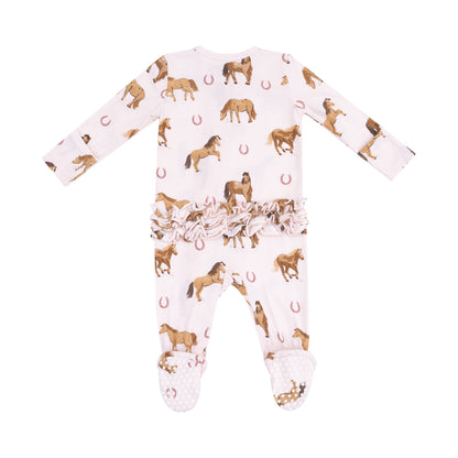 Horses - Pink  - 2 Way Zipper Ruffle Back Footie