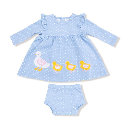 Organic Cotton Jersey - L/S Dress with Diaper Cover Chambray Blue Dot with Duck Family Applique
