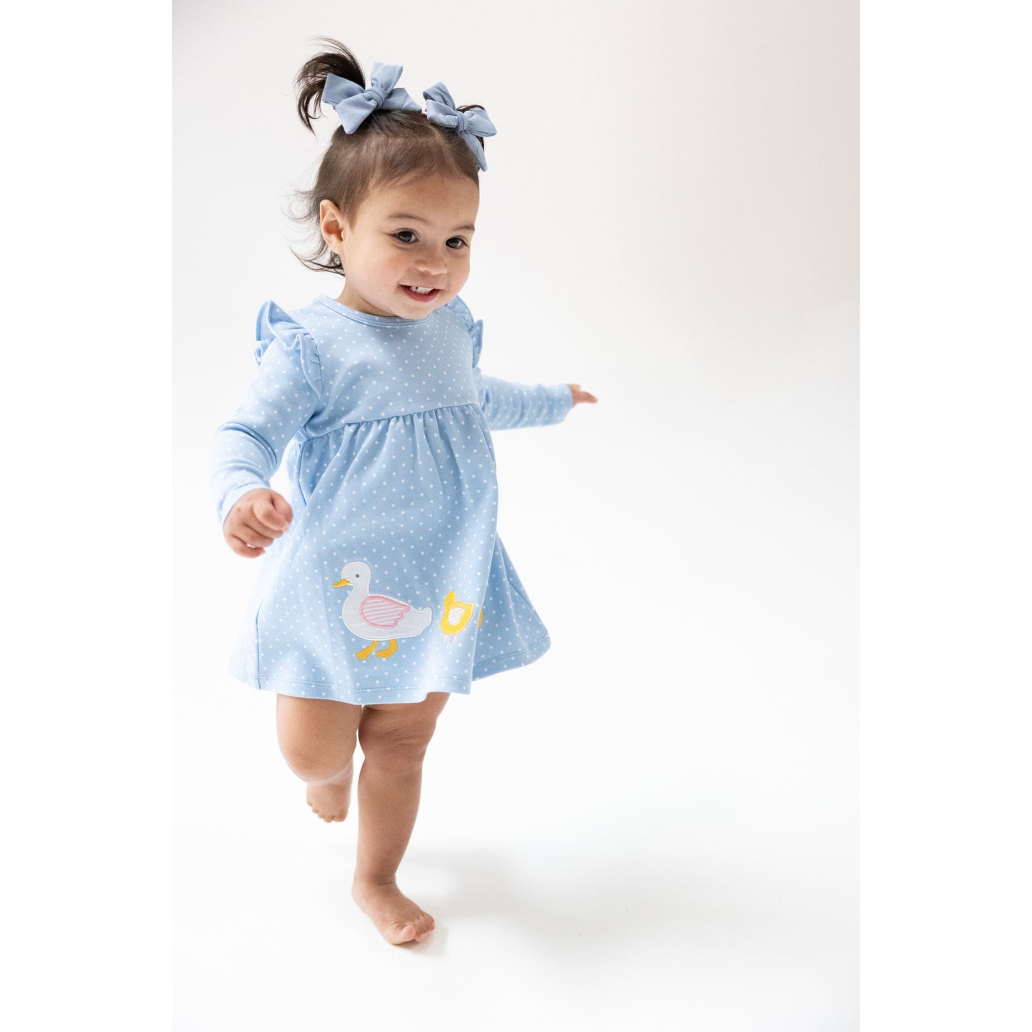 Organic Cotton Jersey - L/S Dress with Diaper Cover Chambray Blue Dot with Duck Family Applique