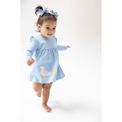 Organic Cotton Jersey - L/S Dress with Diaper Cover Chambray Blue Dot with Duck Family Applique