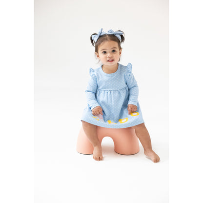 Organic Cotton Jersey - L/S Dress with Diaper Cover Chambray Blue Dot with Duck Family Applique