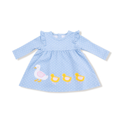 Organic Cotton Jersey - L/S Dress with Diaper Cover Chambray Blue Dot with Duck Family Applique