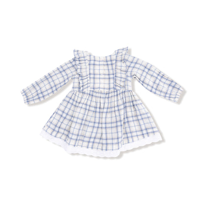 Blue Plaid - L/S Dress w/ Eyelet Hem + Diaper Cover
