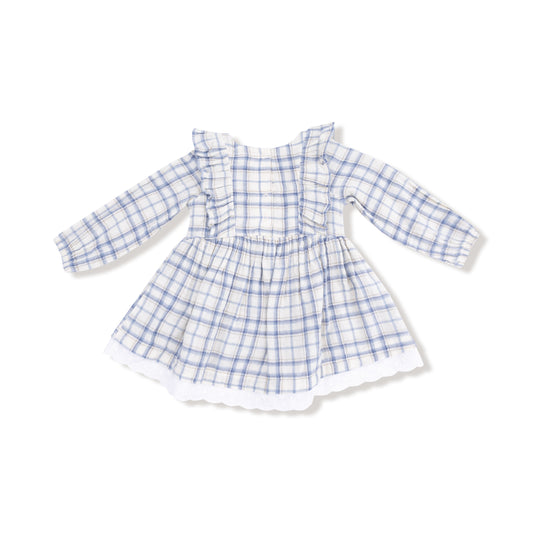 Blue Plaid - L/S Dress w/ Eyelet Hem + Diaper Cover