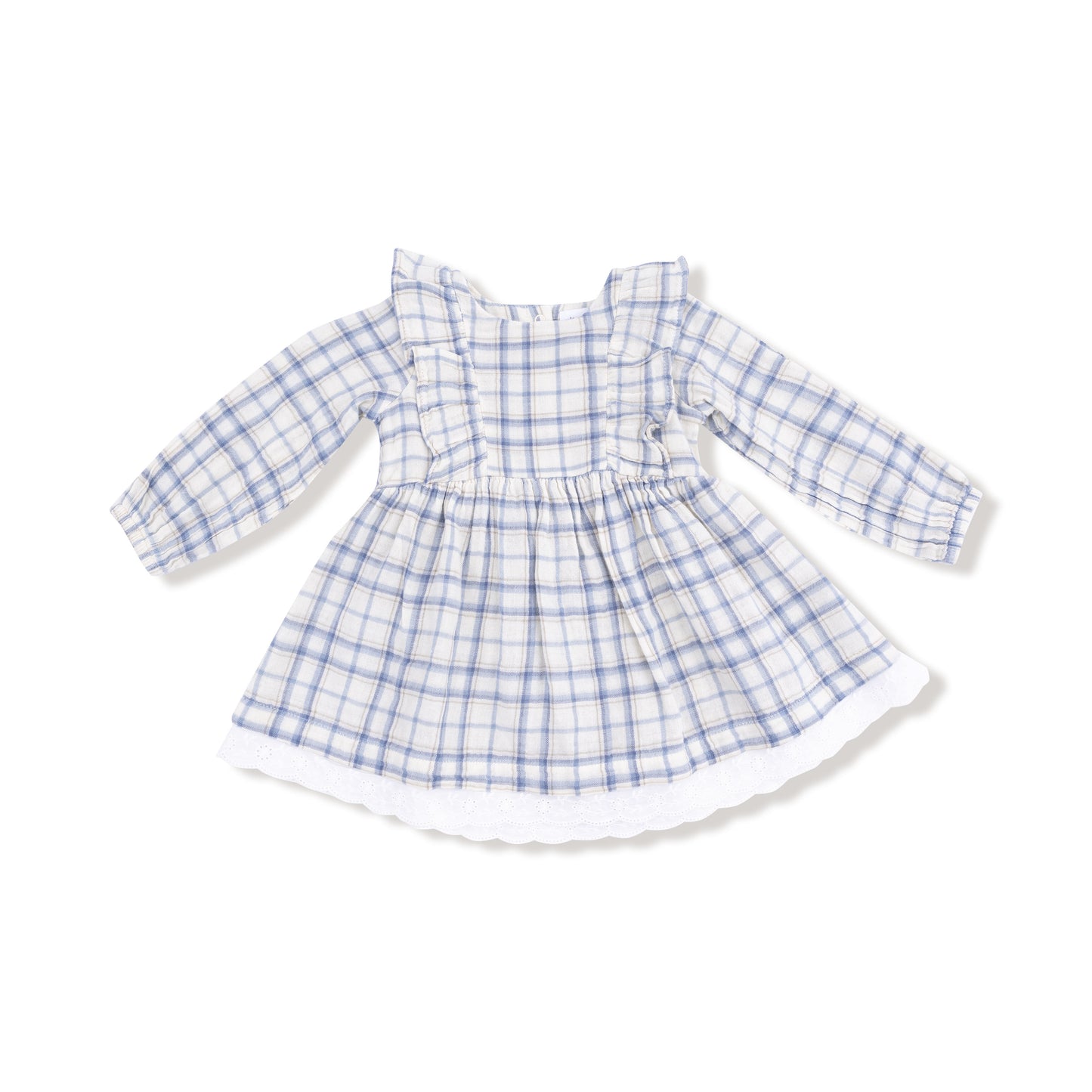 Blue Plaid - L/S Dress w/ Eyelet Hem + Diaper Cover