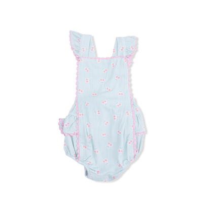 Tiny Cherry Stripe - Ric Rac Ruffle Sunsuit