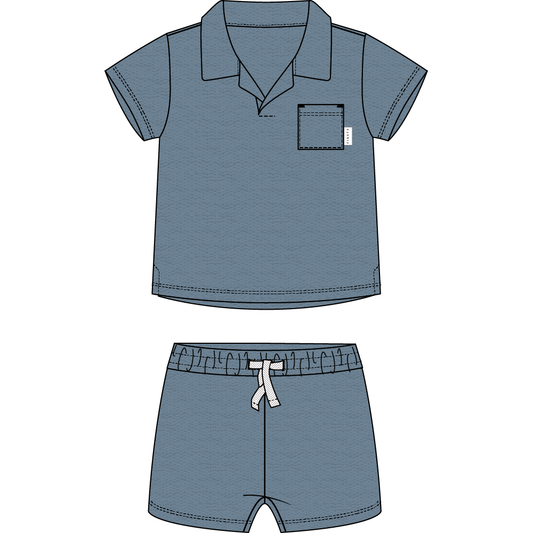 2PC SET: S/S TOP + SHORTS KNIT-BLUE