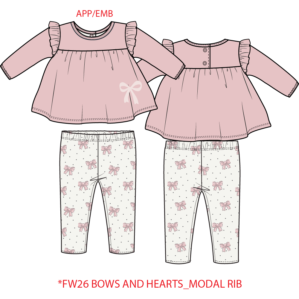 Veiled Pink Bows - Long Sleeve Sweatshirt with Ruffles and Leggings