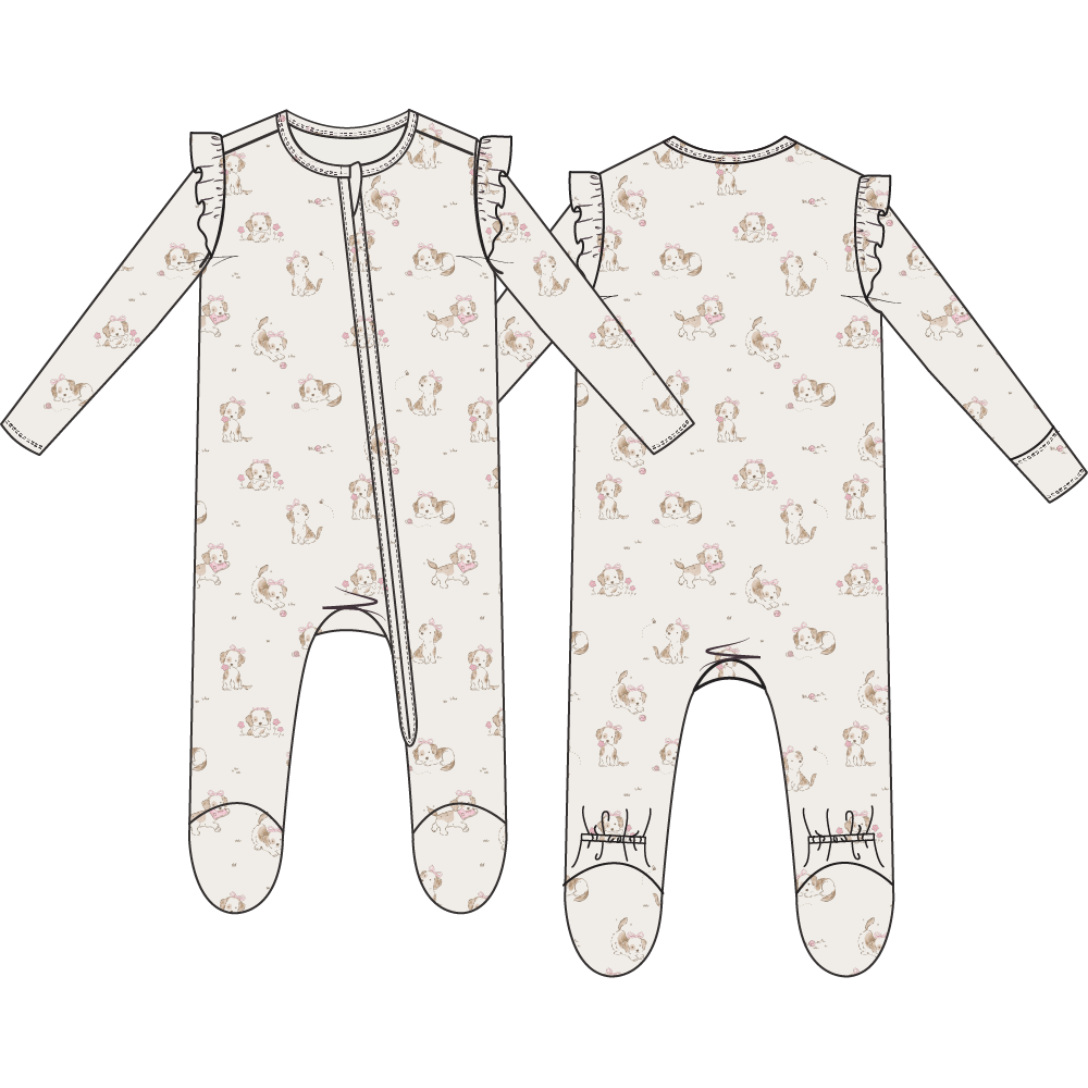Explorer Puppy Pink - 2 Way Ruffle Sleeve Zipper Footie