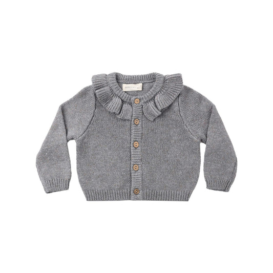 RUFFLE COLLAR CARDIGAN HEATHERED SLATE