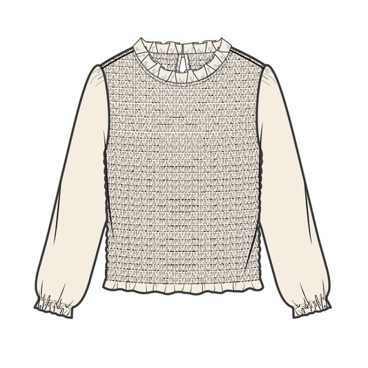 L/S TOP WITH SMOCKING KNIT-OFF WHITE