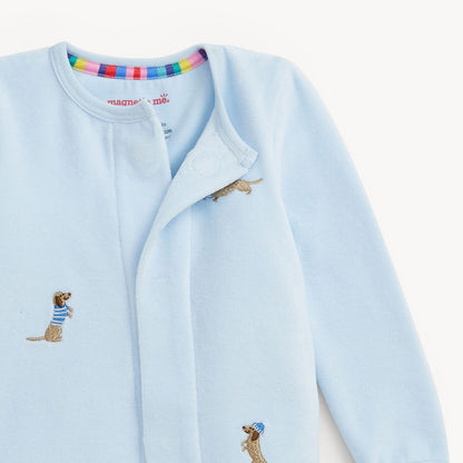 EMBROIDERY DOGS BLUE VELOUR FOOTIE