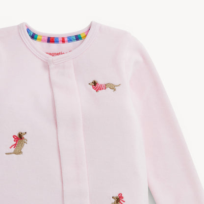 EMBROIDERY DOGS PINK VELOUR FOOTIE