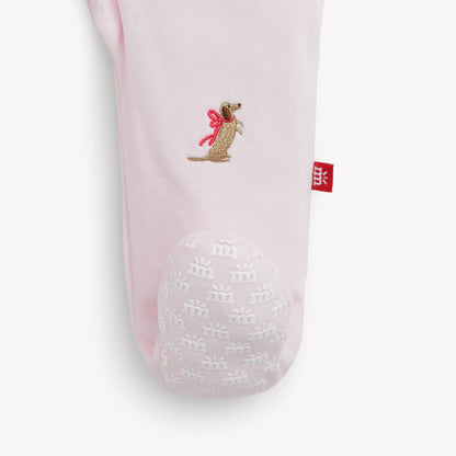 EMBROIDERY DOGS PINK VELOUR FOOTIE