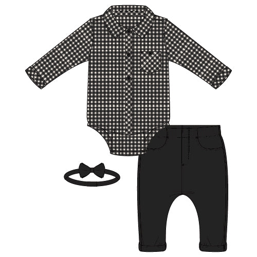3PC SET: 1 TOP FLANNEL+ 1 PANTS TWILL+ BOW TIE-BLACK