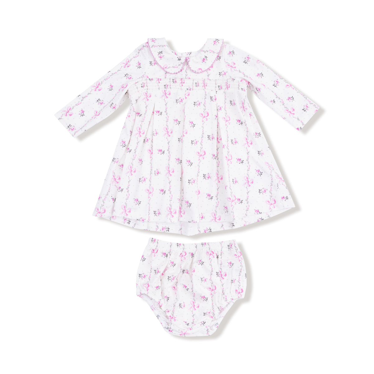 Dainty Buds And Bows Stripe - L/s Peter Pan Collar Dress W/ Smocking + Diaper Cover