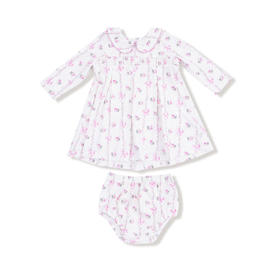 Dainty Buds And Bows Stripe - L/s Peter Pan Collar Dress W/ Smocking + Diaper Cover