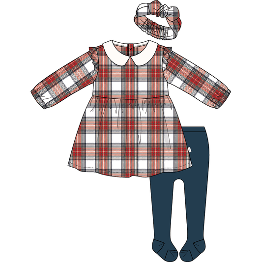 3PC SET: DRESS, HEADBAND WOVEN + TIGHTS KNIT-RED