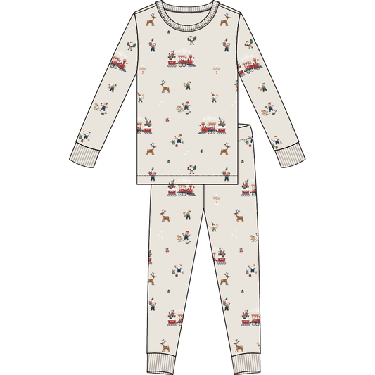 2PC PJ SET: L/S TOP + PANT KNIT-BEIGE CHRISTMAS TRAIN