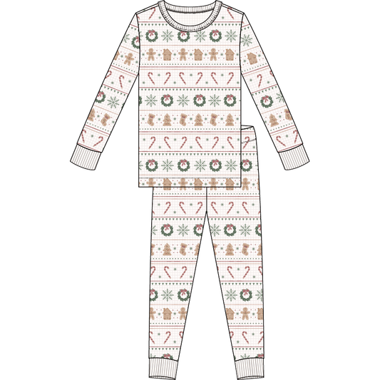 2PC PJ SET: L/S TOP + PANT KNIT-OFFWHITE HOLIDAY WREATHS