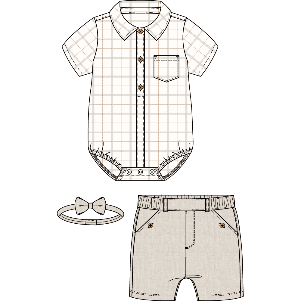 3PC SET: S/S BODYSUIT, BOWTIE + SHORTS WOVEN-OFFWHITE