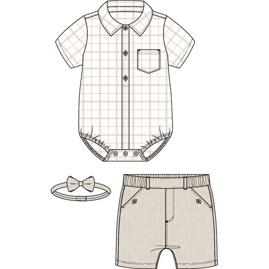 3PC SET: S/S BODYSUIT, BOWTIE + SHORTS WOVEN-OFFWHITE