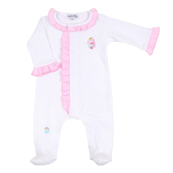 SUMMER TREATS PINK EMBROIDERED RUFFLE FRONT FOOTIE