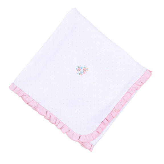 ANNALISE'S CLASSICS PINK EMBROIDERED RUFFLE RECEIVING BLANKET