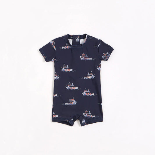 Tugboats Print on Navy Baby Rashguard Swimsuit