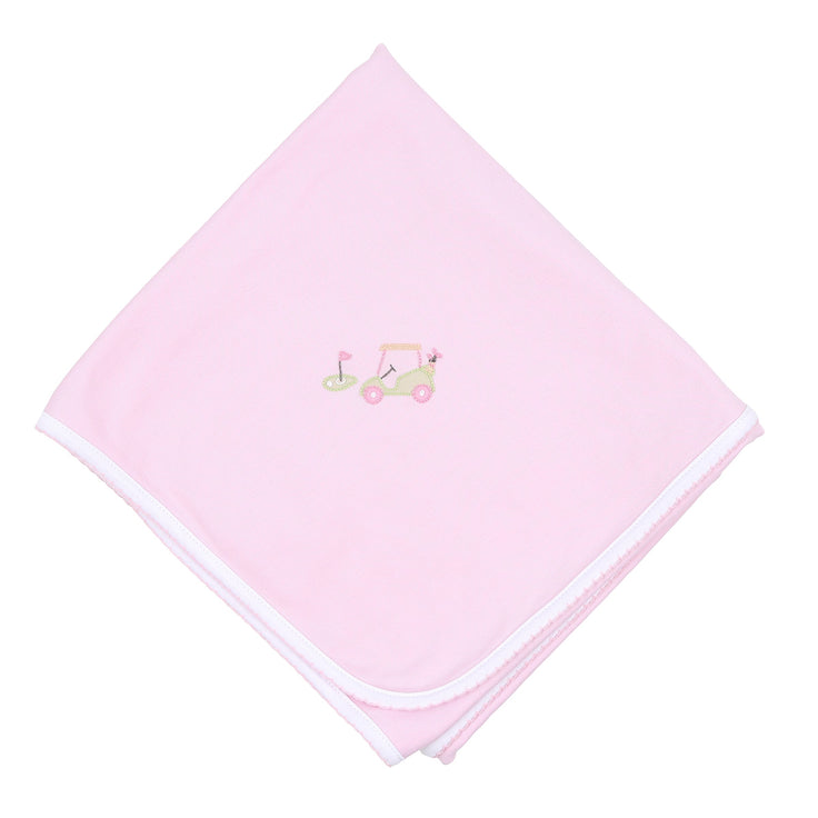 ON THE GREEN PINK EMBROIDERED RECEIVING BLANKET