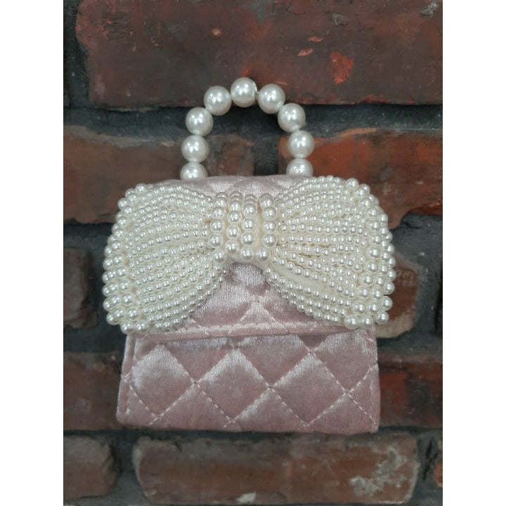 Quilted Velvet Purse w/Pearl Bow Asst Colors