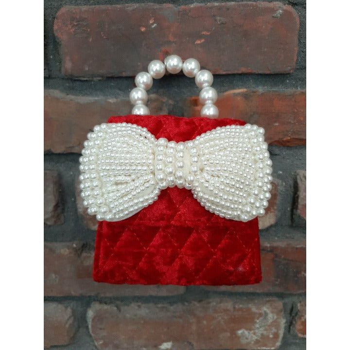 Quilted Velvet Purse w/Pearl Bow Asst Colors