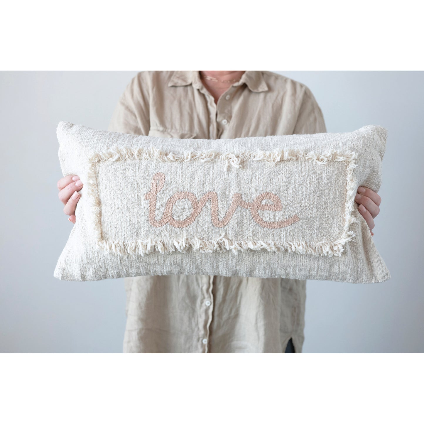 Cotton Embroidered Lumbar Pillow with Eyelash Fringe "Love"