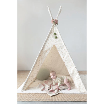 Canvas and Wood Teepee with Floral Pattern and Felt Flowers