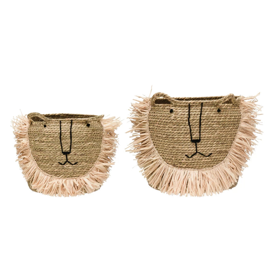 Hand-Woven Seagrass Lion Baskets w/ Handles, Natural,