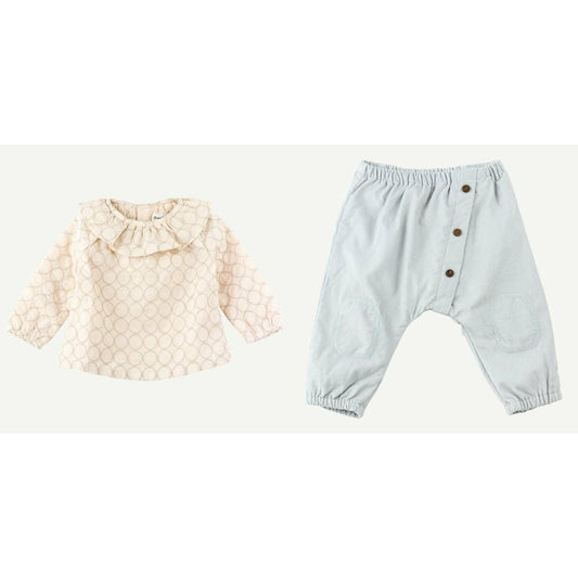 Ivory Schiffli Woven Top with Light Blue Babycord Pant